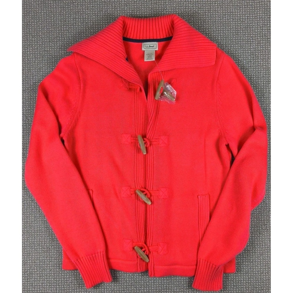 L.L. Bean Coral Red Knit Mock Neck Toggle Cardigan Sweater